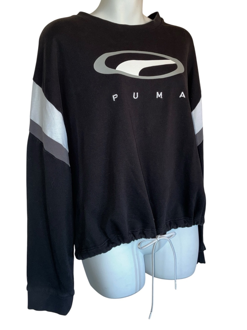 Puma Cropped Sweatshirt Women's XL, Black. Grey/White Logo and Trim, Drawstring.